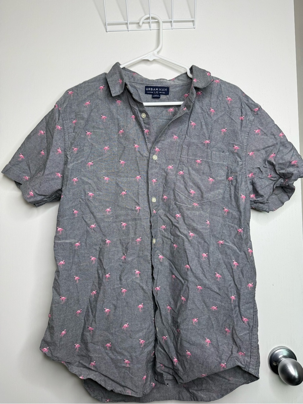 Urban Planet Gray Short-Sleeve Button-Up Shirt with Pink Flamingo Men Large